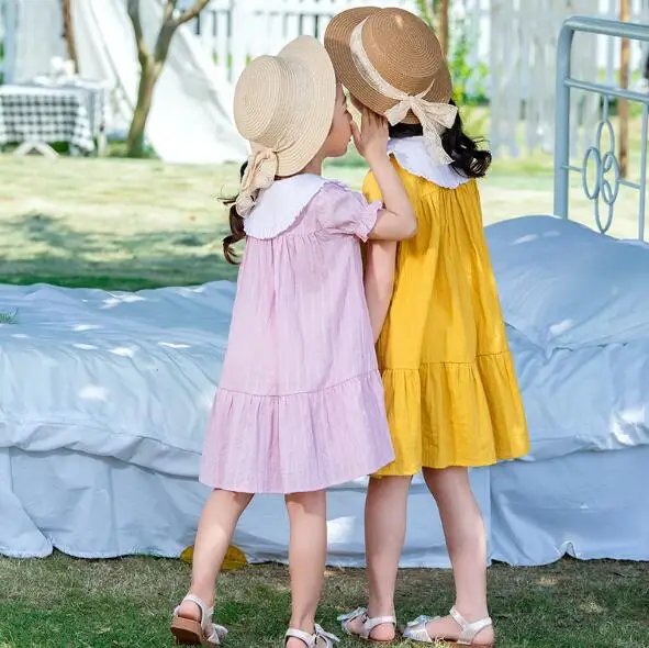 

Cultiseed Girl Dress Big Children Girl Korean Summer Peter Pan Collar Short Sleeve Dress Kids Cute Loose Casual Dresses