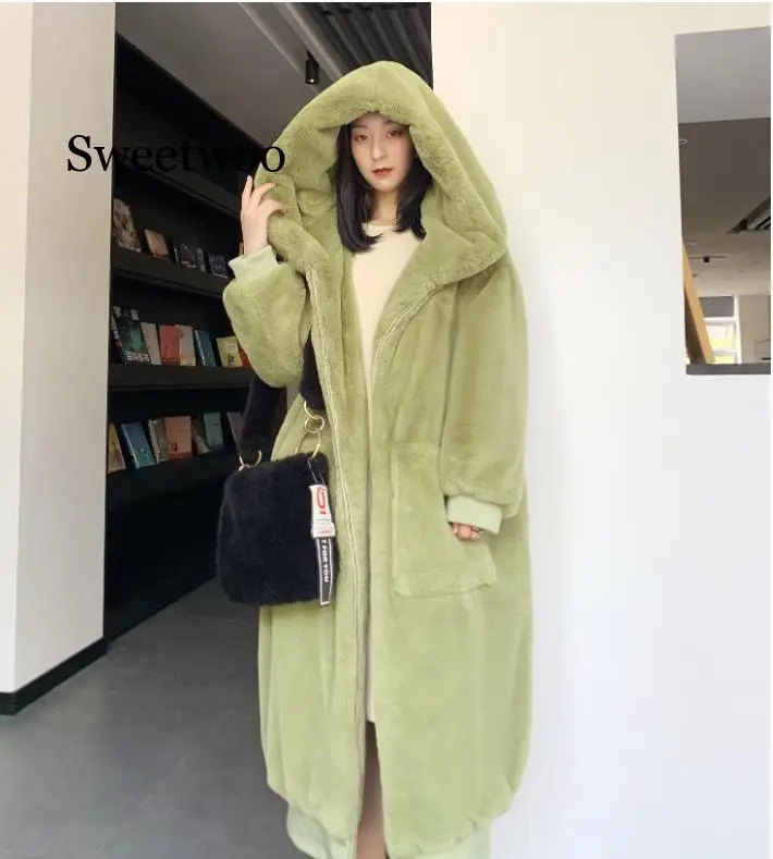 Winter Warm hooded Large size Long Solid color Faux Fur Coat New Casual Long sleeve Women Fur Jacket Outwear Oversized