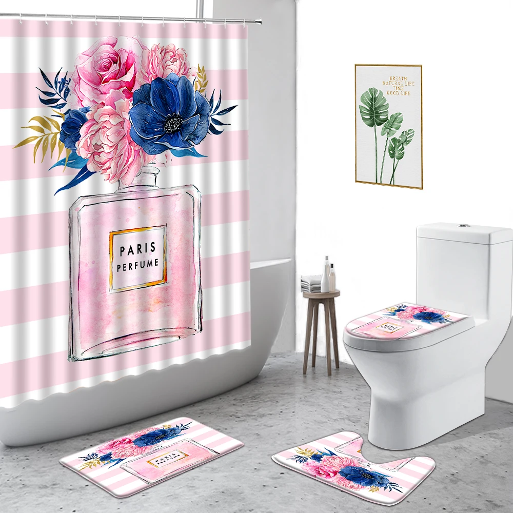 

Pink Perfume Shower Curtain Fashion Retro Perfume Bottle Lipstick Bath Curtains Bathroom Decor Set Non-Slip Carpet Toilet Cover