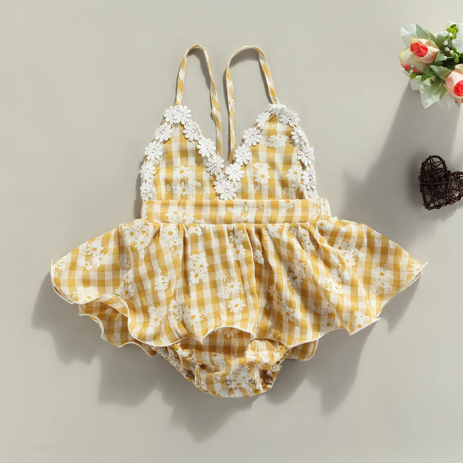 

2021 Baby Girls Halter Romper Sleeveless Backless Plaid Floral Print Bodysuit Tutu Cotton Dress Clothes
