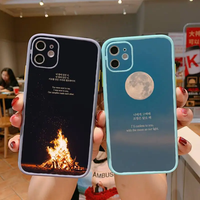

Korea script Phone Case For iPhone 13 12 11 Mini Pro XR XS Max 7 8 Plus X Matte transparent blue Back Cover