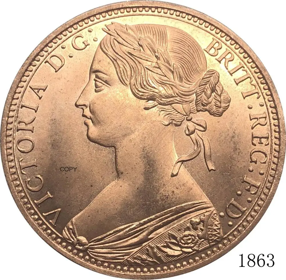 

Великобритания 1863 1 пенни Королева Виктория Великобритания Бронзовый портрет красная медь КОПИЯ монета с гладким краем