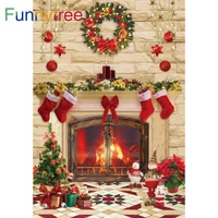 funnytree brick wall fireplace winter interior christmas backdrop party wreath socks bells tree gifts snowman photo background