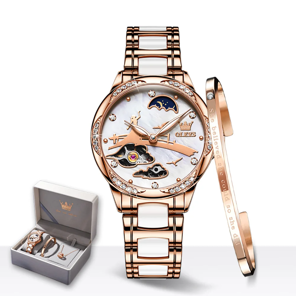 

OLEVS Top Brand Luxury Automatic Mechanical Watches for Women Waterproof Stainless Steel Ceramic Strap Ladies Bracelet Watch Set