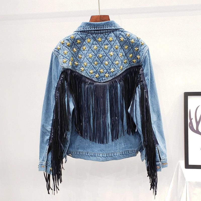 

Blue Red Black Denim Jacket Coat Women Star Rivet Suede Fringe Loose Cowboy Outerwear Female Streetwear Short Boho Jeans Jackets