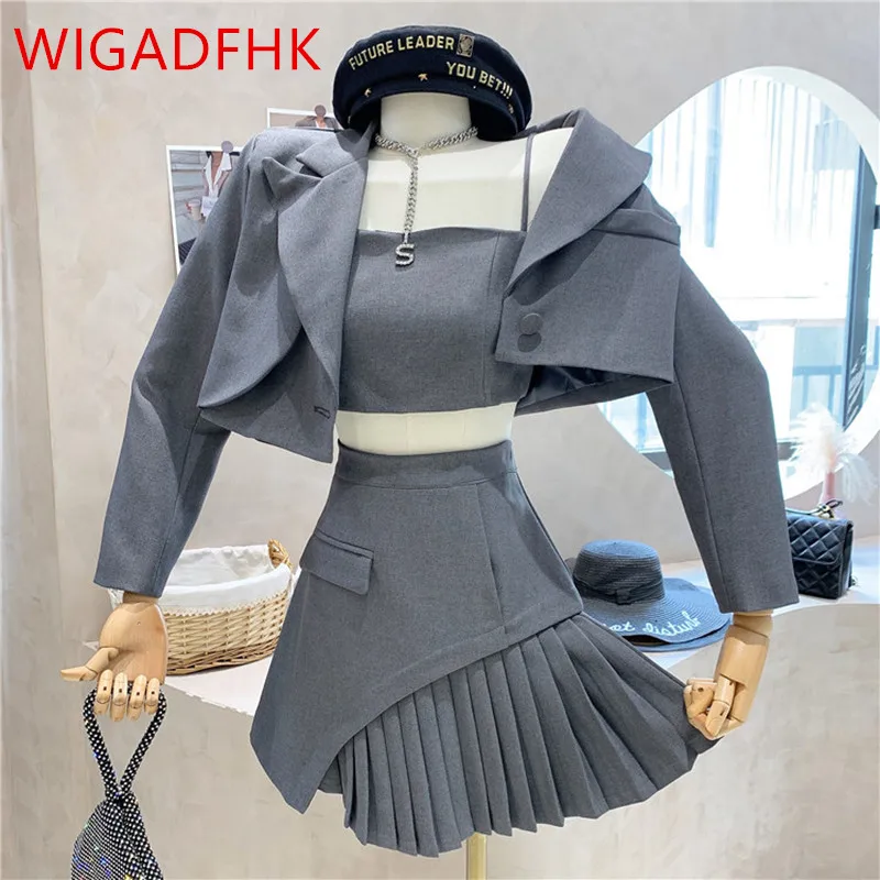 

2023 Модный женский маленький костюм, костюм для офиса, Женская деловая Рабочая форма, костюм с длинным рукавом, куртка с лямкой на шее и юбка, костюм-тройка
