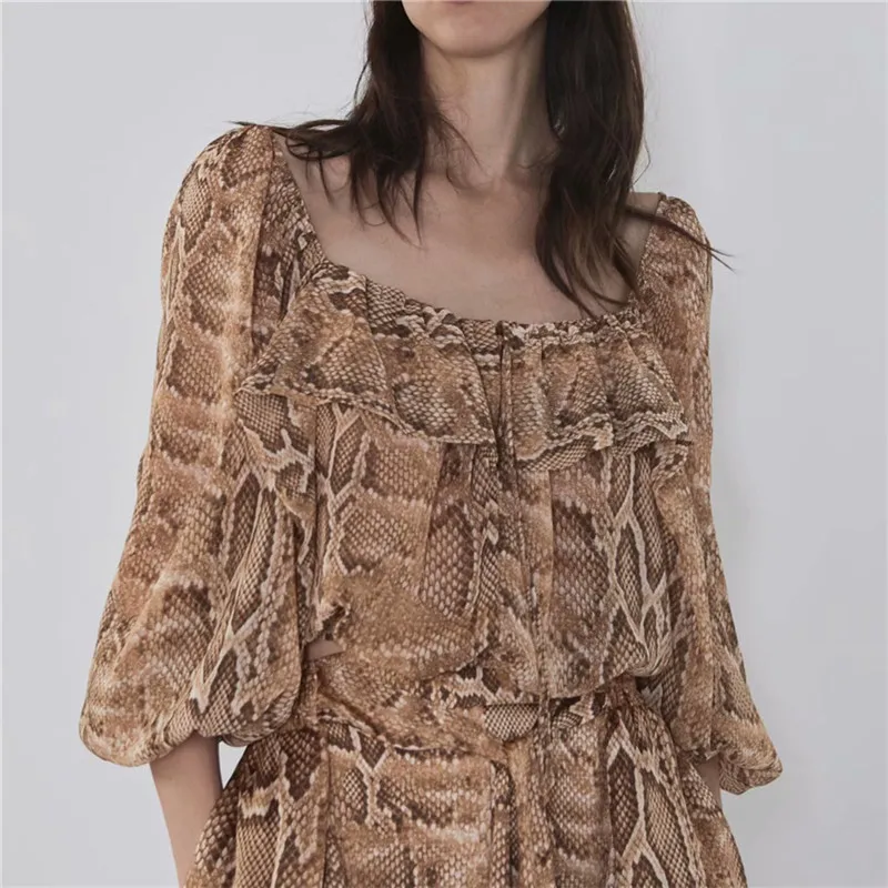 Ретро змеиный принт гофрированный шифоновый укороченный топ женские блузки