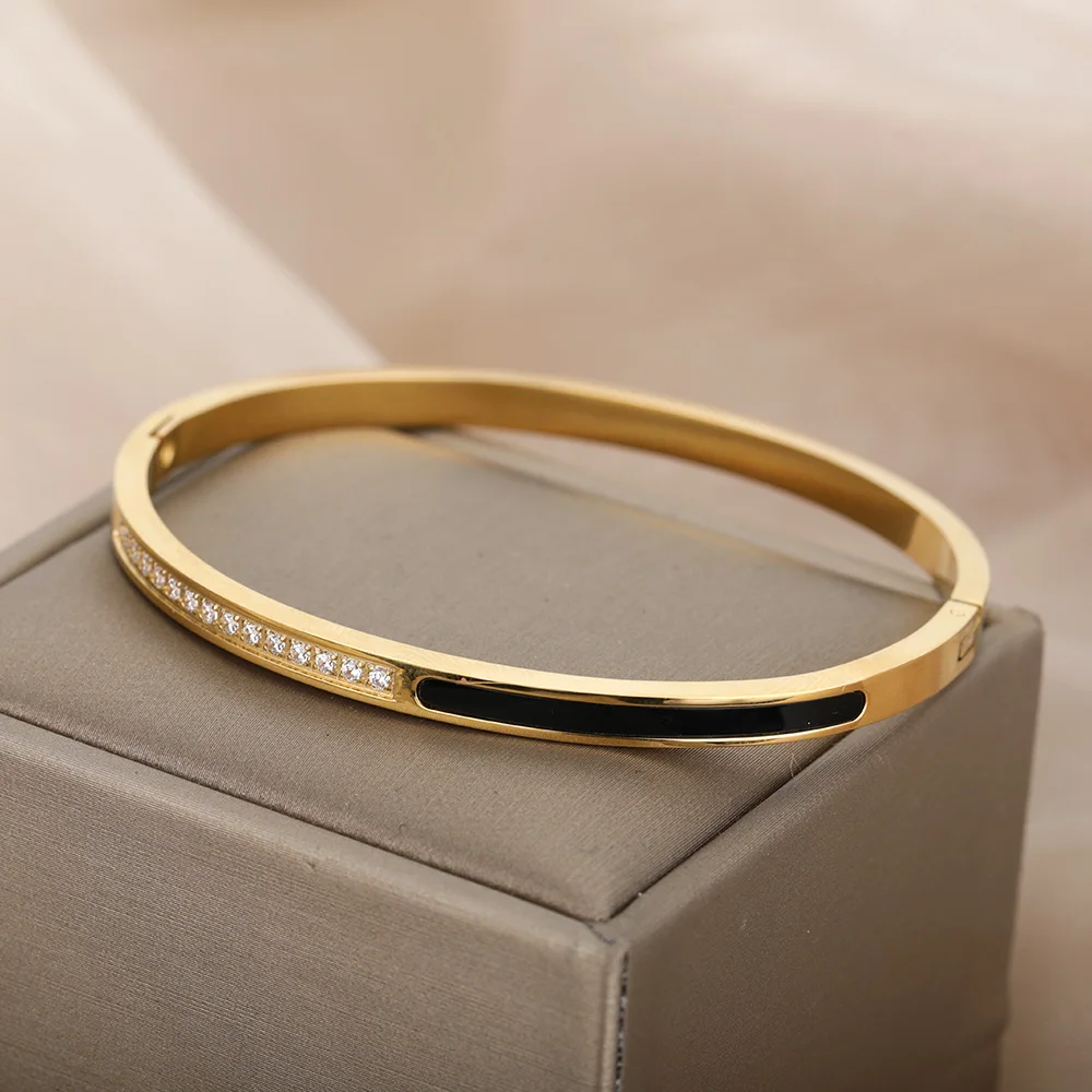 

Round Couple Bracelets For Women Stainless Steel Half Black Edges Zircon Bracelet Bangle Fashion Jewelry Valentine's Day Gift