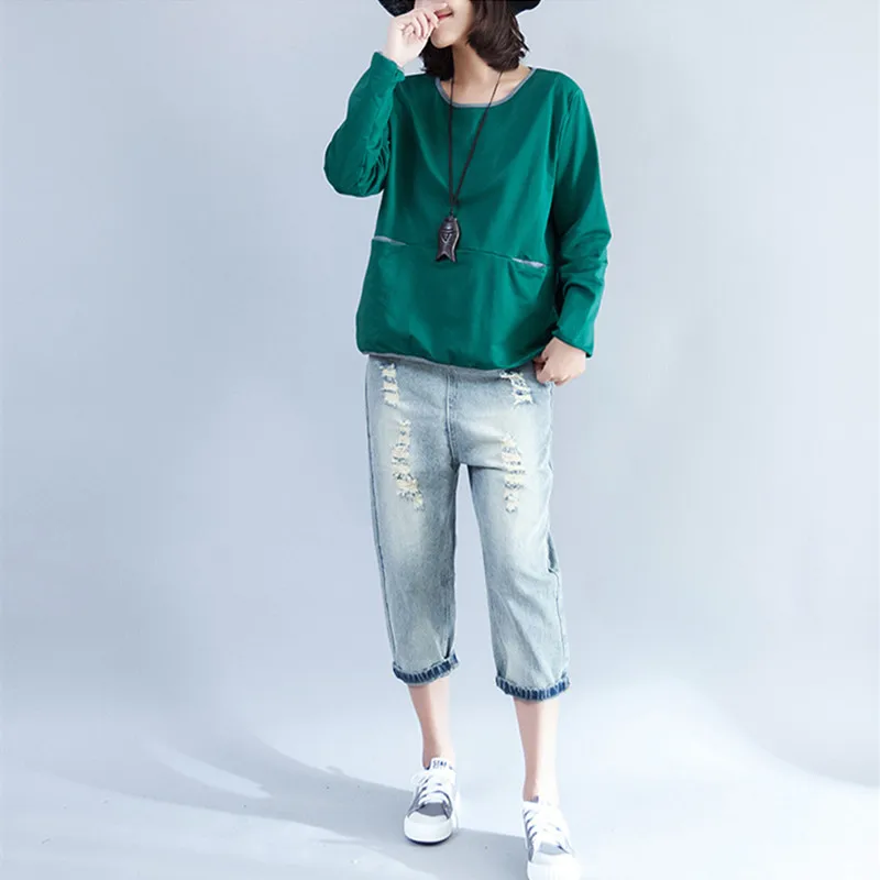 Johnature Autumn Winter New Solid Color O-neck Pullover Loose Women Hoodies Tops 2019 4 Colors Patchwork Casual Sweatshirts | Женская