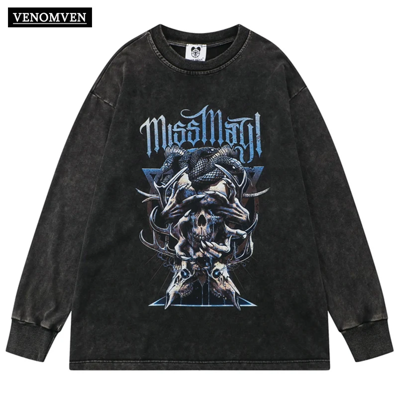 

Hip-Hop Punk Men`s Fashion Oversized Graphic Pullover Snake Skull Print T-Shirt Long-Sleeve Harajuku Vintage Women Tops Grunge