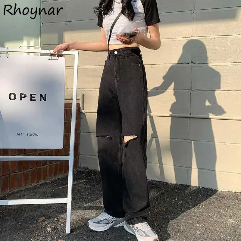 

Jeans Women All Match Popular Hollow Out Fashion Ripped Cozy Loose Student Streetwear Cool Girls Leisure High Waist Summer Chic