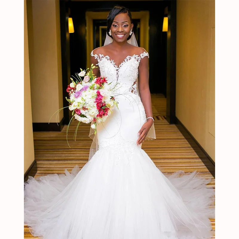 

Sheer Cap Sleeve Crystal African Beaded Wedding Dress Lace Appliques Tulle Backless Tiered Ruffle Bridal Gowns Vestidos De Novia