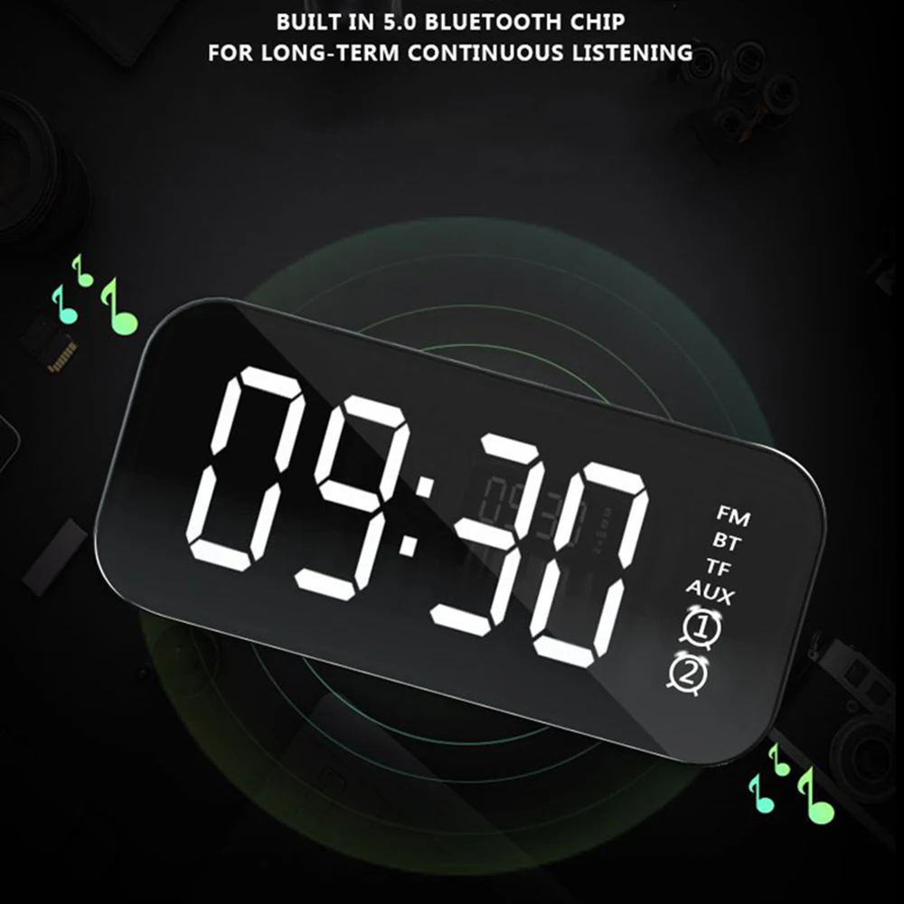 

Smart Multi-function Bluetooth Speaker Digital Alarm Clock Mirror LED Night Lights Rectangle Wireless Desk Remote Control Clocks