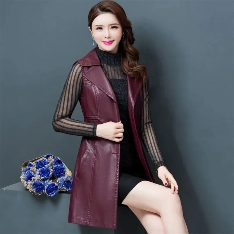 Female Mid-Length Vest Women's Spring And Autumn 2021 New Slim Fit All-Match Slim Coat Fashion Women's Vest Leather Jacket Women