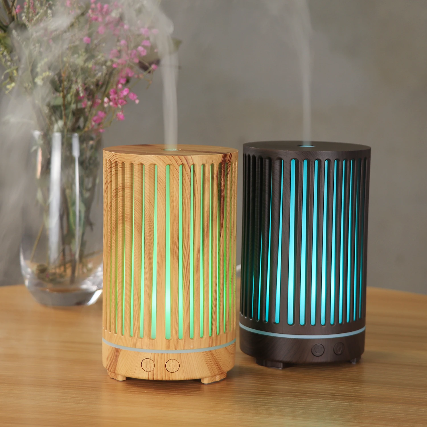 

200ml Wood Grain Hot Sale Gift Wifi Vertical Stripes Hollow Ultrasonic Humidifier Aromatherapy Aroma Diffuser With 7 Led Lights