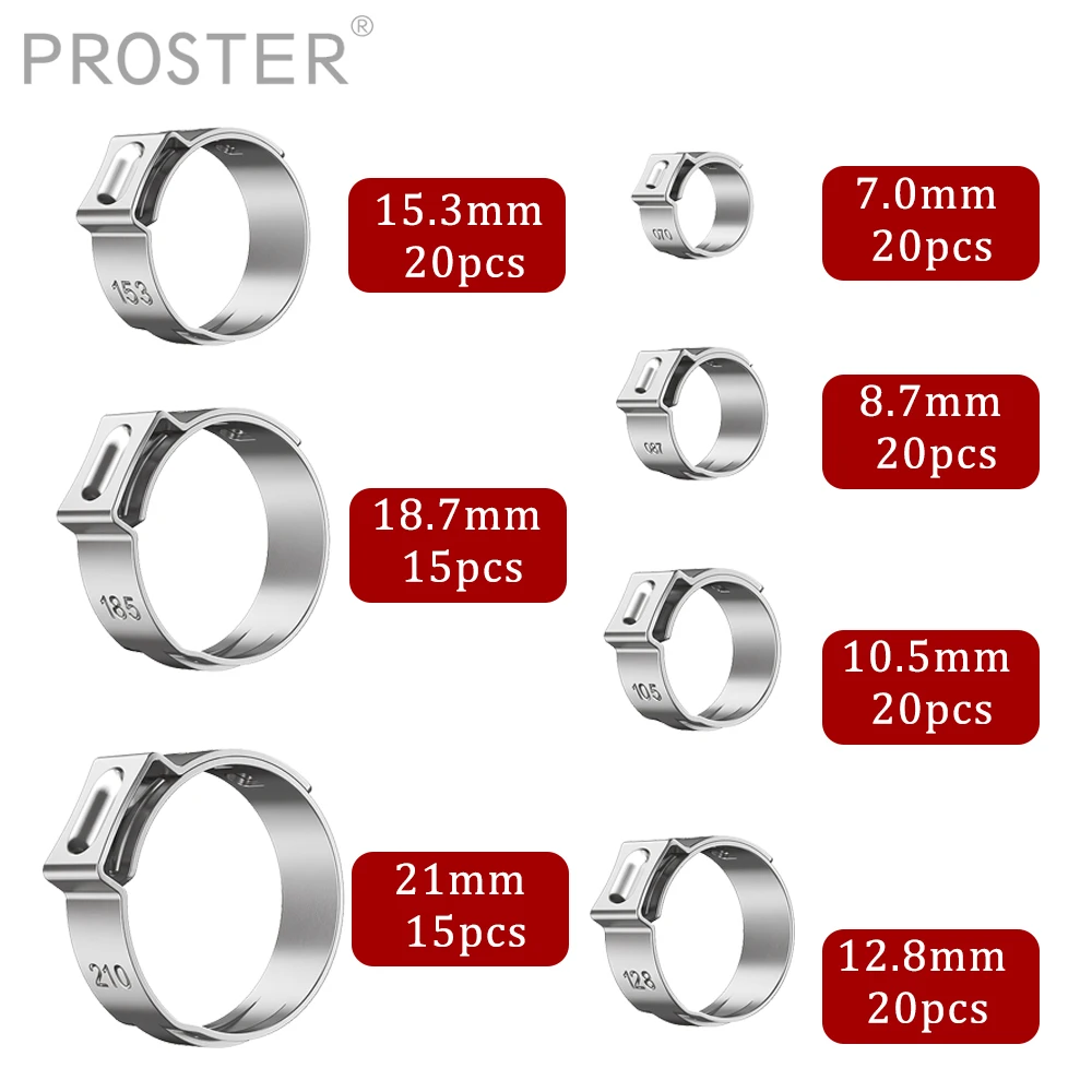 

Proster 130 Pcs 7-21mm Single Ear Stepless Hose Clamps Clip Assortment Cinch Clamp Rings Stainless Steel Kit for Various Pipes