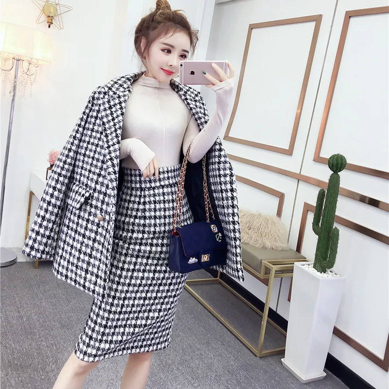 Осенне-зимний женский новый плотный модный клетчатый костюм с высокой талией и