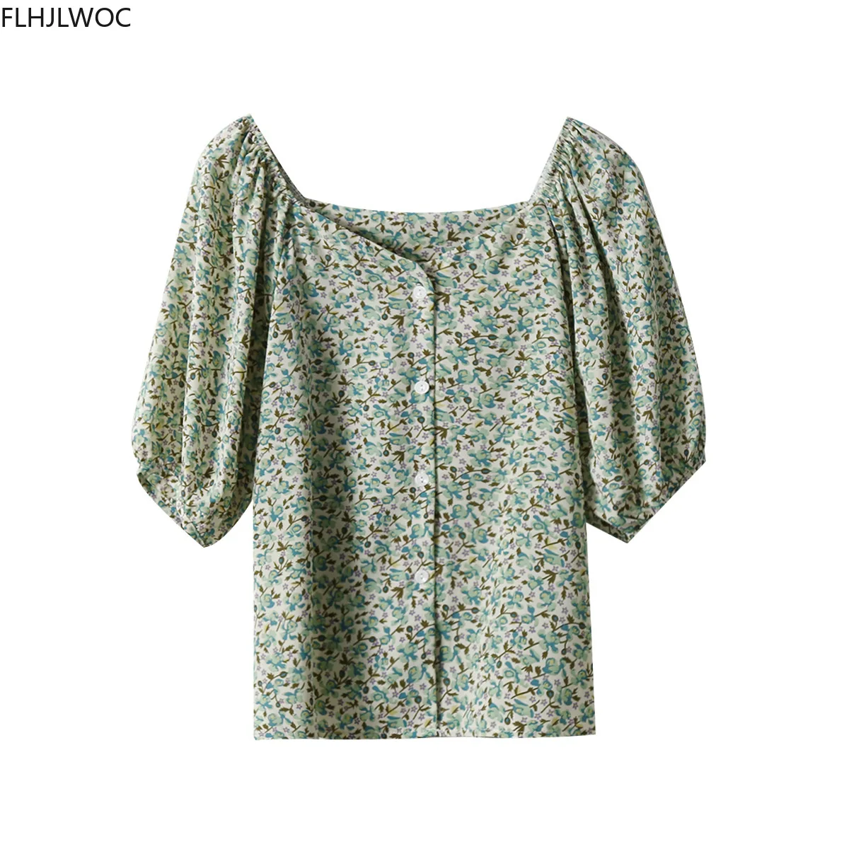 

Puff Sleeve Chic Tops Summer Short Sleeve Cute Sweet Preppy Style Girls Japan Design Single-Breasted Button Shirts Blouses 2020