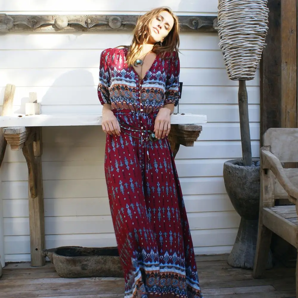 

2019 new lady v-neck dress lace dress to the beach on vacation beach dress Bohemian printing the new dress WDR37