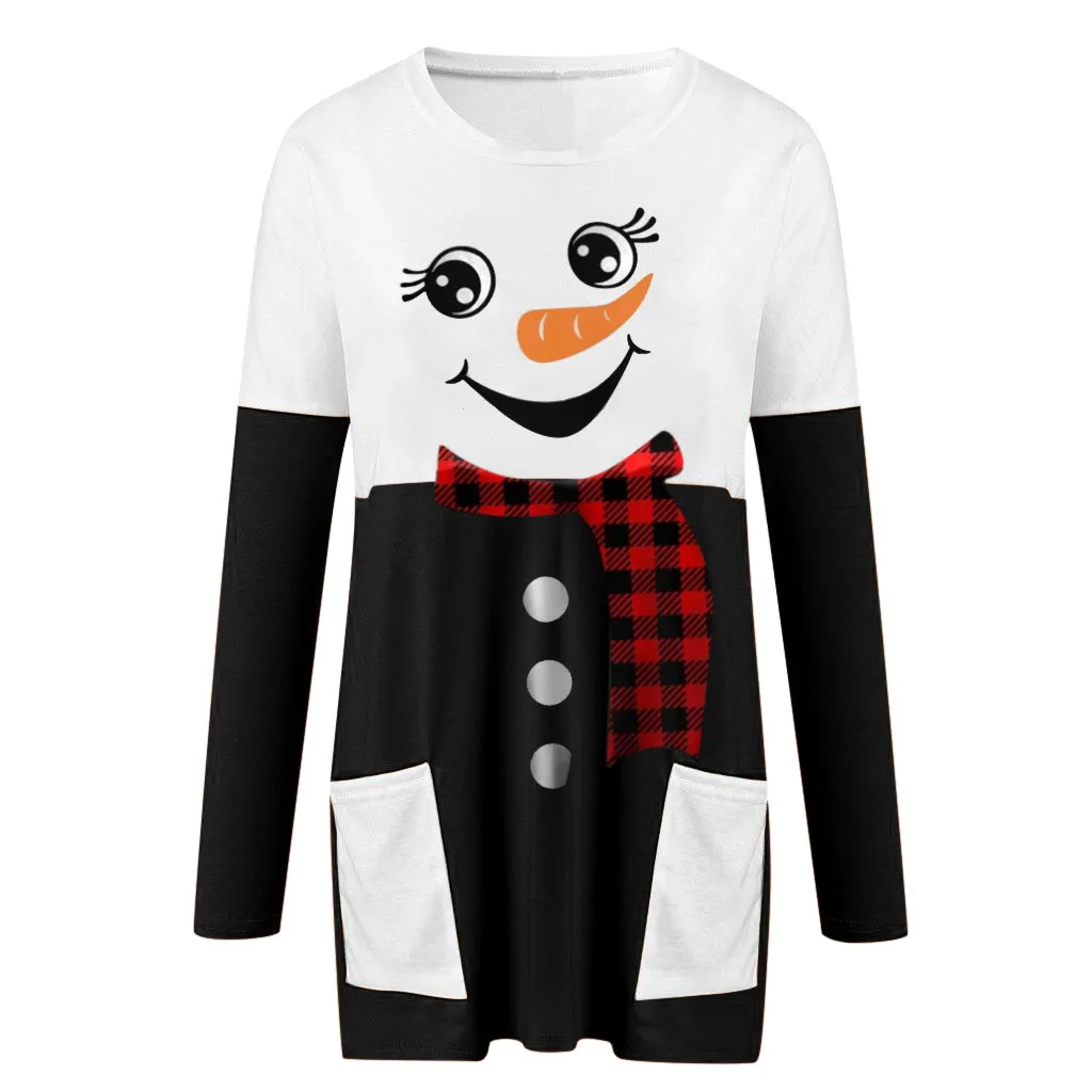 Размера плюс снеговика Рождественская Футболка с принтом женские длинный рукав