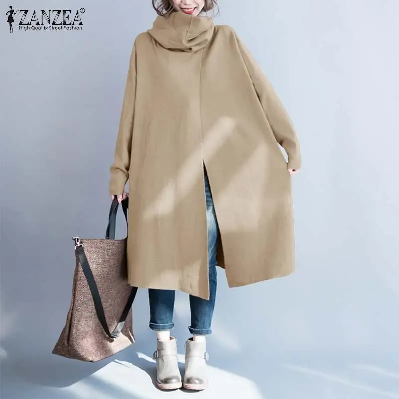 

Women Casual Solid Long Sleeve Overcoats 2021 ZANZEA Side Pockets Jackets Turtleneck Long Coats Autumn Winter Pullovers Outwear
