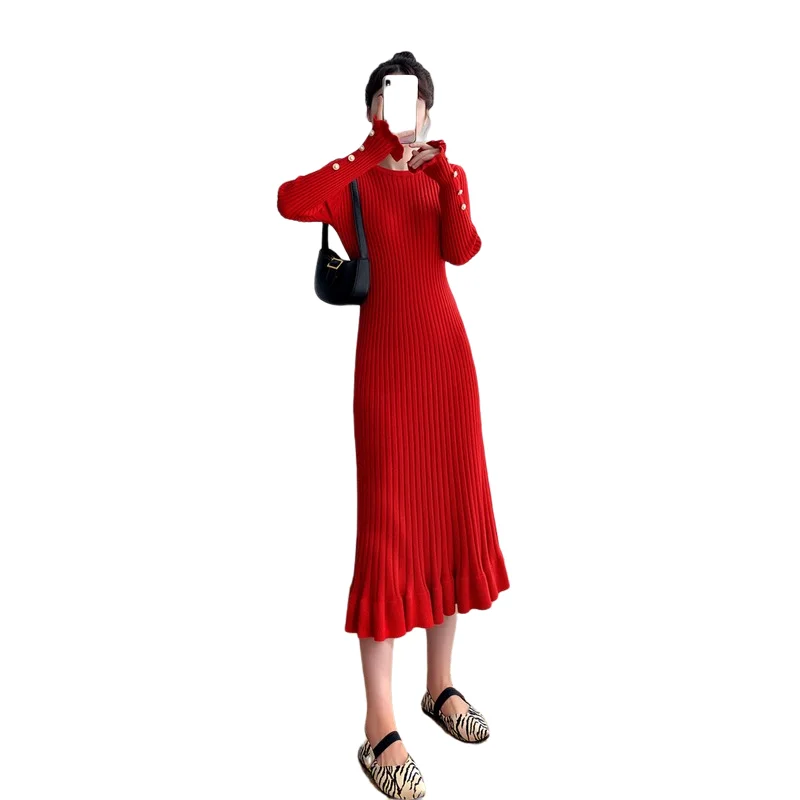 

Autumn Winter 2020 New Fishtail Knitted Bottomed Dress With Thickened Medium Length Chinese New Year Red Dress For Children