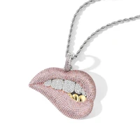 bling iced out drip lip pendant micro pave pink cubic zirconia white yellow tooth tennis chain hip hop men jewelry gift