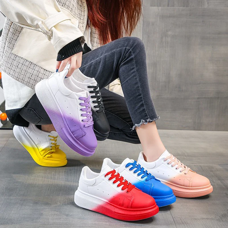 

2021 Spring Women Fashion Sneakers Mix Color PU Leather Casual Shoes Woman High Platform Lace Up Sport Shoes Size 35-44