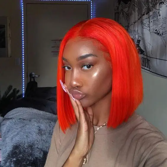 

Orange Short Bob Straight Brazilian Human Hair Lace Front Wig Straight Short Bob Wigs for Women 180 Density
