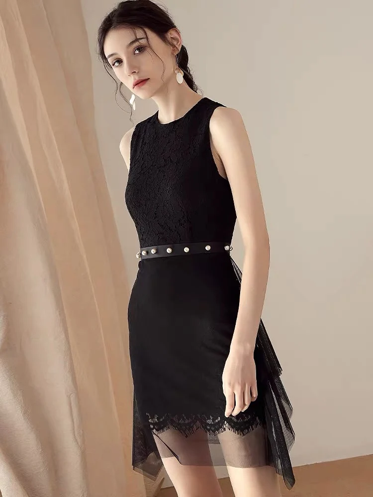 

Elegant Black Evening Party Dresses Tight Lace Beading Pearl Belt Fashion Prom Gowns Women Wedding Guest Dress O Neck Sleeveless