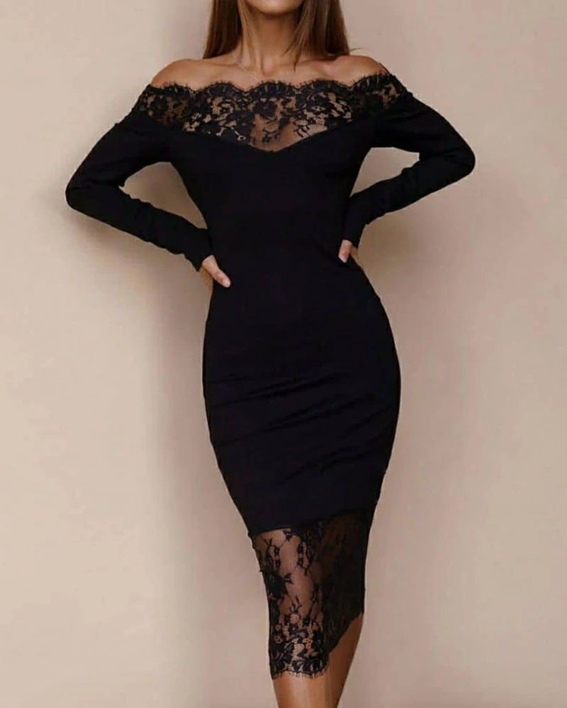

2022 New Sexy Women Black Dress Vestidos Slash Neck Celebrity Party Dress Elegant Off Shoulder Lace Bodycon Club Dress