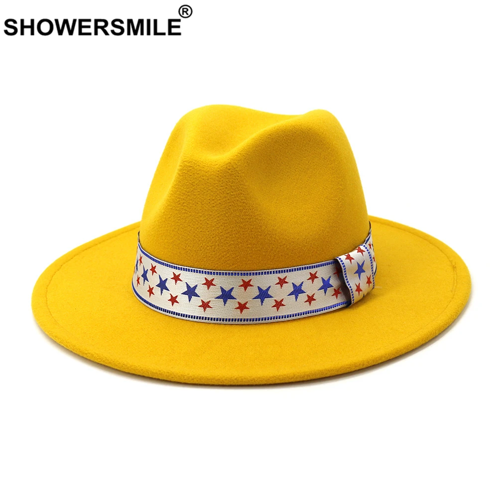 

SHOWERSMILE Yellow Women Fedora Wide Brim Hat British Style Wool Star Print Vintage Hats for Women Men Sombrero Felt Jazz Cap