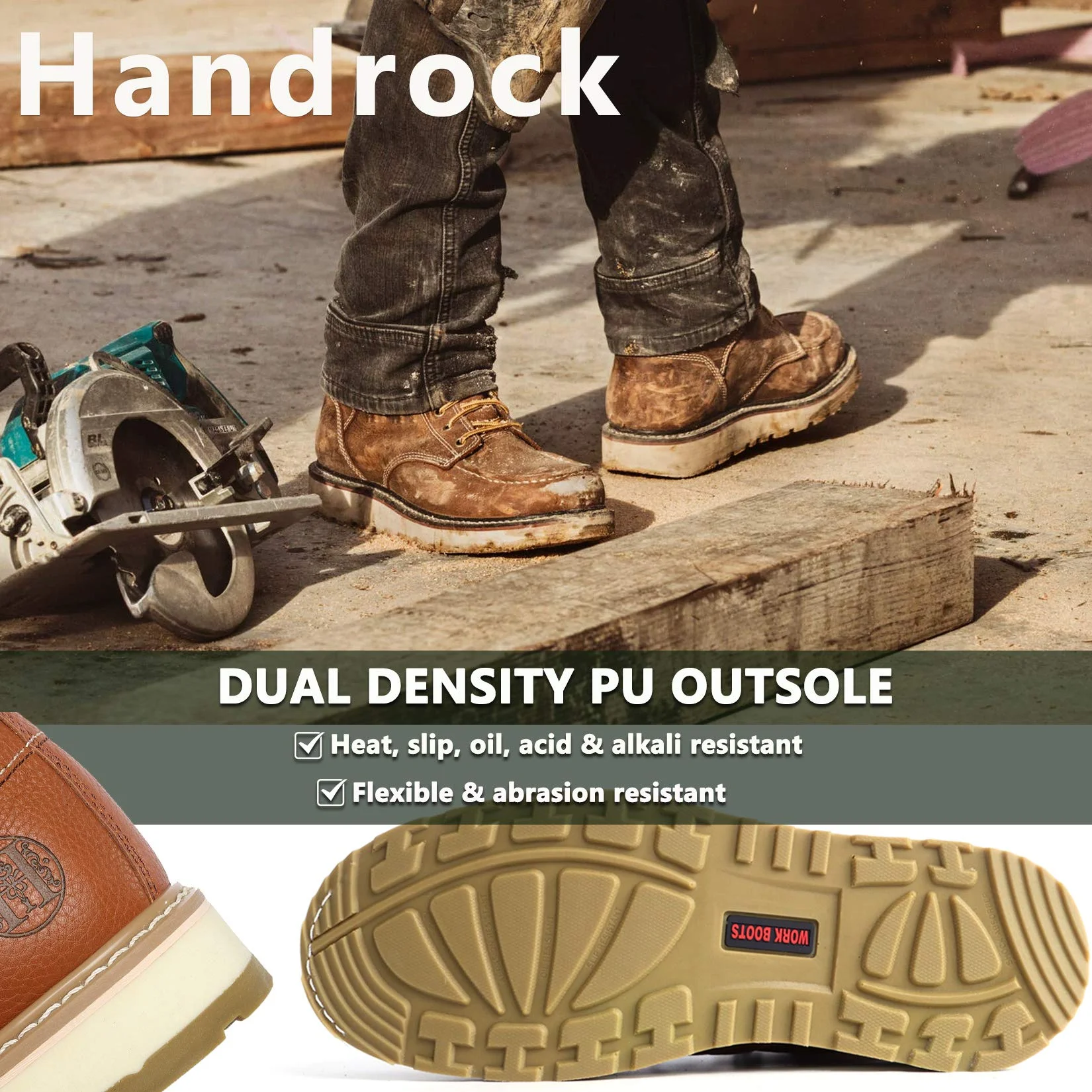 

Work Boots for Men Brown Full Grain Tumbled Leather Non-slip Rubber Outsole Water Resistant Durable Casual Work Shoes