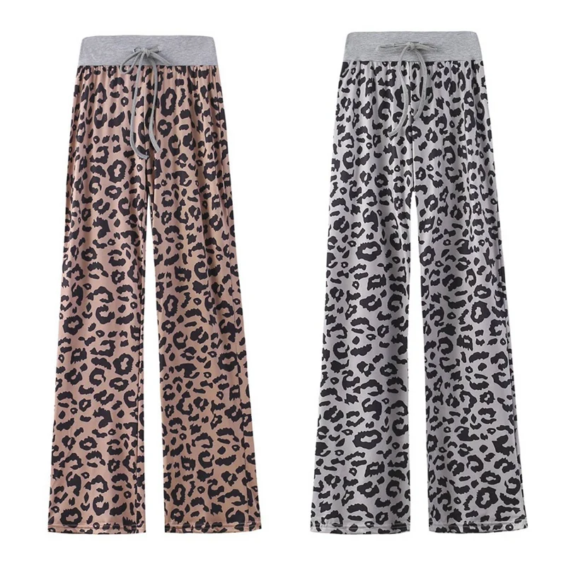 

2 Pcs Women's Print Comfortable Casual Stretch Drawstring Wide Leg Pants XL Size Gray & Brown