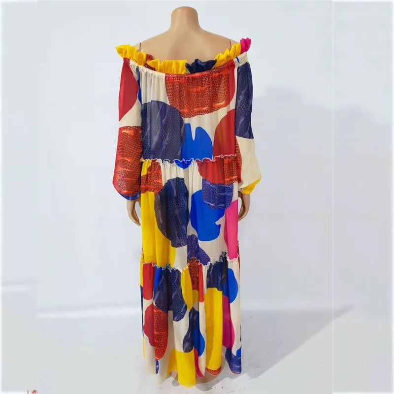 

European And American Floral Digital Printing Large Swing Off Shoulder Long Sleeve Loose Dresses For Women 2021 S-5XL