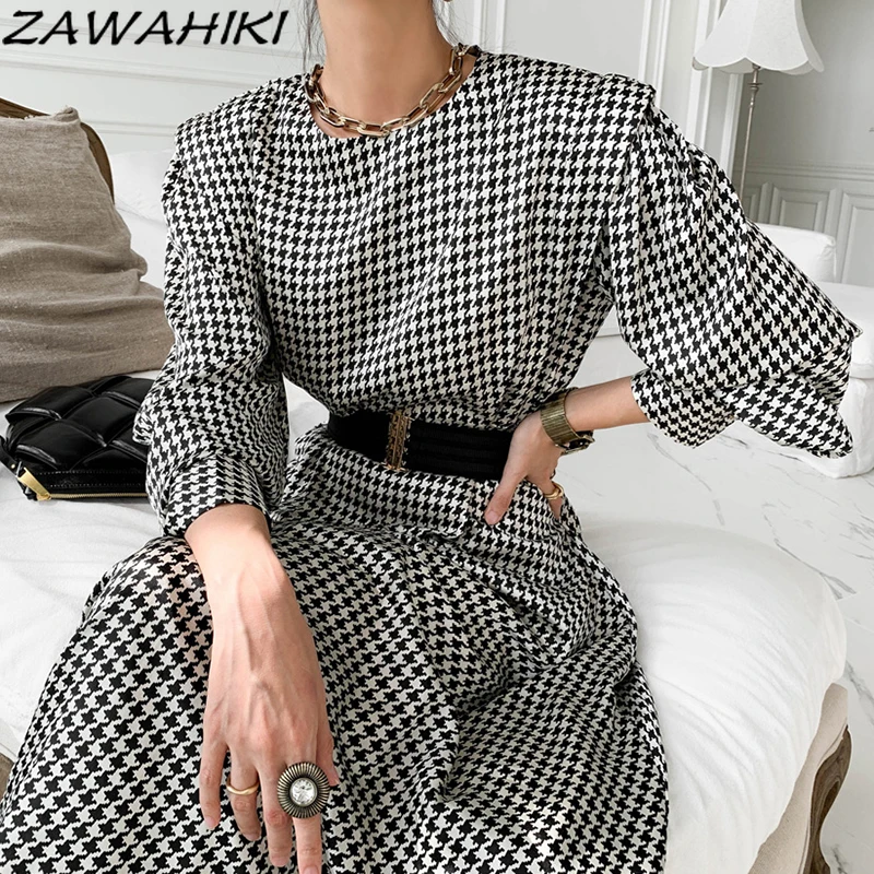

ZAWAHIKI Retro Dresses Round Neck Long Lantern Sleeve Bird Lattice Print Femme Robe Fashion Black White Dress with Belt Women