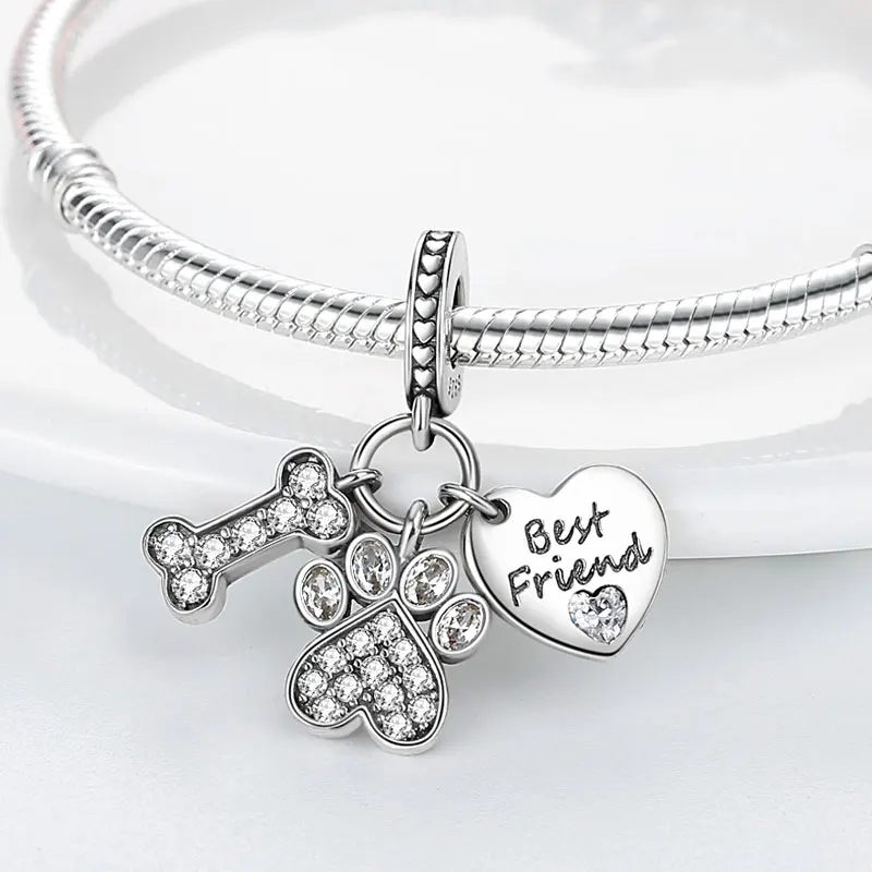 

Genuine 925 Sterling Silver Animal Beads Bone Footprint Cute CZ Dangle Charm Pendant Fit Original Bracelet Best Friend Gift