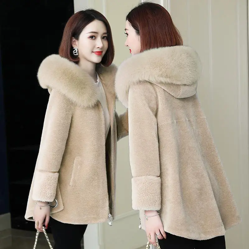 

Women Jackets New Winter Imitation Sheep Shearing Coat Female IImitation Fox Fur Collar Outwear Granular Fur Hooded Fur Coat