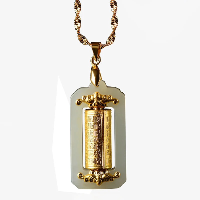 

Золотая инкрустированная нефритовая подвеска, буддистские письменные подвески, ожерелье для мужчин и женщин, подлинный искусственный камень, Золотой амулет на удачу 24 К, подарки