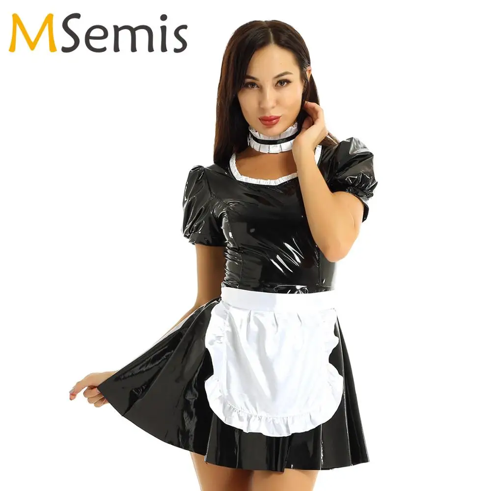 

Women Erotic French Maid Cosplay Naughty Lingerie Outfit Sexy Leather Mini Maids Apron Dress Uniform Party Club Roleplay Costume