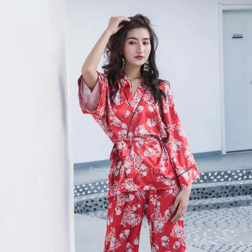 Пижамный комплект женский с V образным вырезом юката в японском стиле цветочным