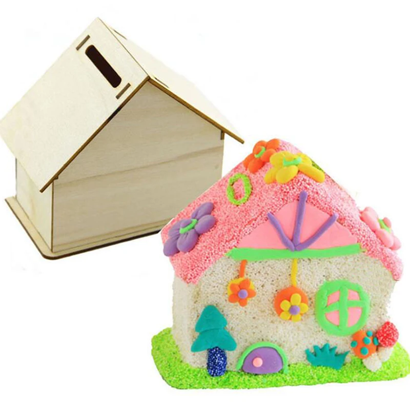 

Creative DIY Wooden White Billet Bank Children's Handmade House Coloring Piggy Bank Home Table Decor