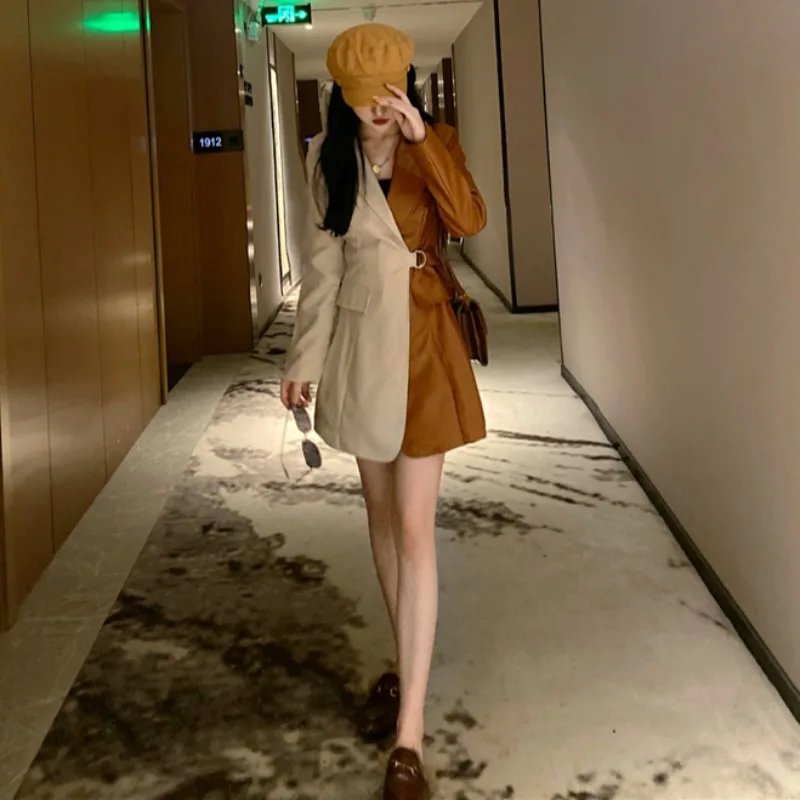 Женское пальто с длинным рукавом и отложным воротником, Офисная длинная куртка из искусственной кожи в Корейском стиле, подходящий цвет, ве... от AliExpress WW