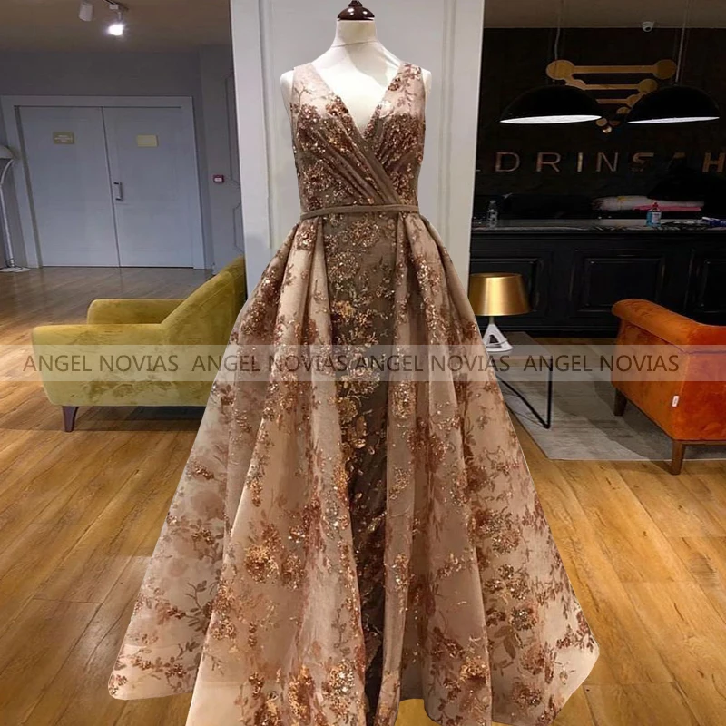 

Long Champagne V Neck Arabic Lace Evening Dress 2021 With Detachable Skirt Abendkleider Prom Party Gown vestido de noche