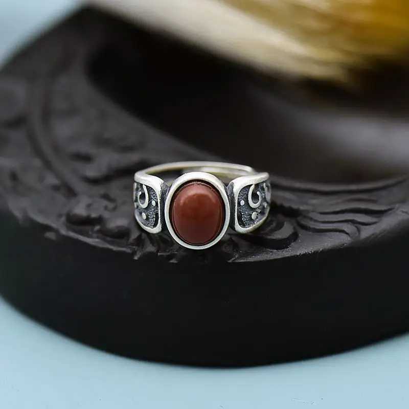 

Sterling Silver Ring Women's Retro Ethnic Style Fashion Hand Accessories Large Version Adjustable Opening Inlaid South Red Silve