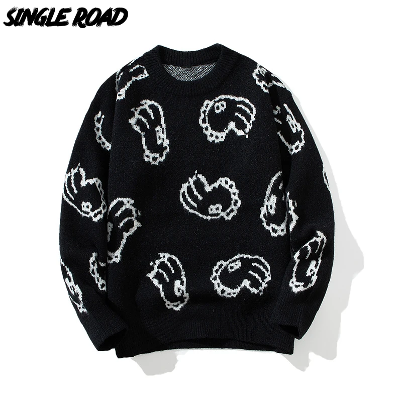 

Single Road Mens Knitted Sweater Men 2021 Winter Vintage Patchwork Sweaters Pullovers Jumper Male Oversized Black Sweater Men