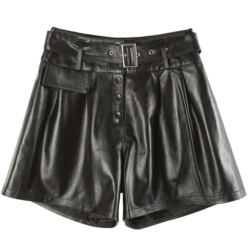 

High Quality Women Loose Fit Wide Leg Shorts Belted Sheepskin Genuine Leather Shorts Casual Streetwear Ladies Short Trousers
