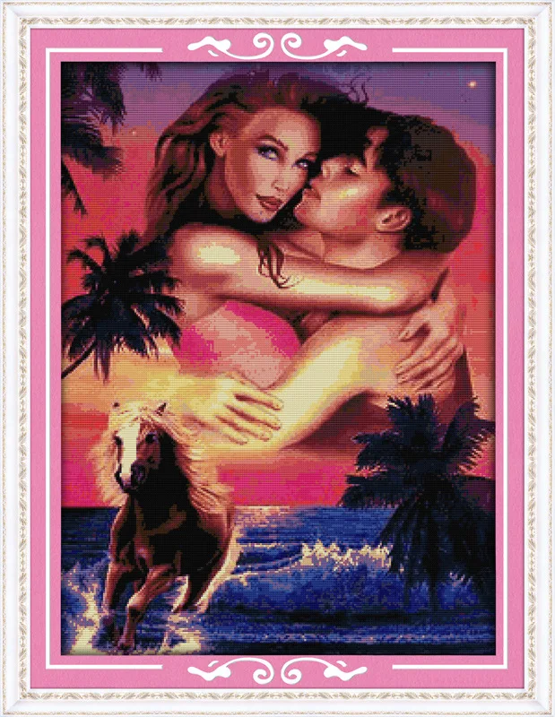 

Romantic Hawaii couples Printed Canvas DMC Counted Chinese Cross Stitch Kits printed Cross-stitch set Embroidery Needlework