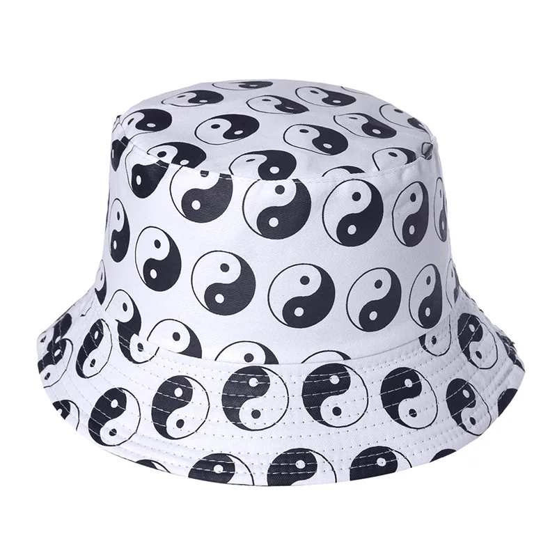 

2020 Tai Chi Bagua Two side reversible bucket hat female women panama hat Printed Eight trigrams suncreen bob hat hip hop white