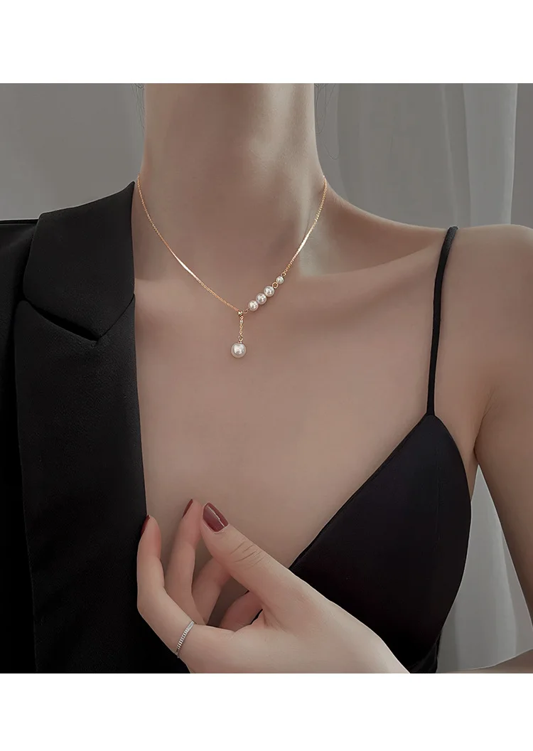

925 Sterling Silver Pearl Tassel Adjustable Necklace Choker for Women French Simple Light Luxury Clavicle Chain Gift